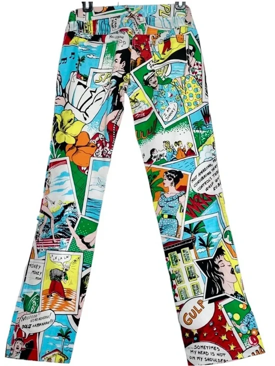 Dolce & Gabbana Comic Print Pants Multicolor Pop Art Slim Fit Statement ~Sz 4 US - Picture 2 of 10